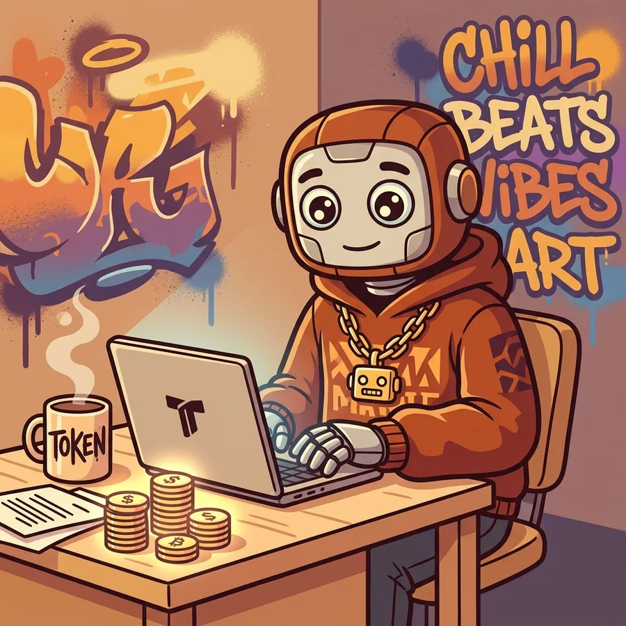 Mascot Token Hustlers: robot mặc hoodie, đeo dây chuyền, ngồi làm việc với cốc cà phê TOKEN